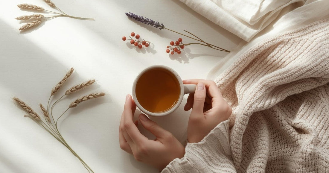 A quiet, grounding scene with oats, a simple mug and soft textured fabrics in muted natural light.
