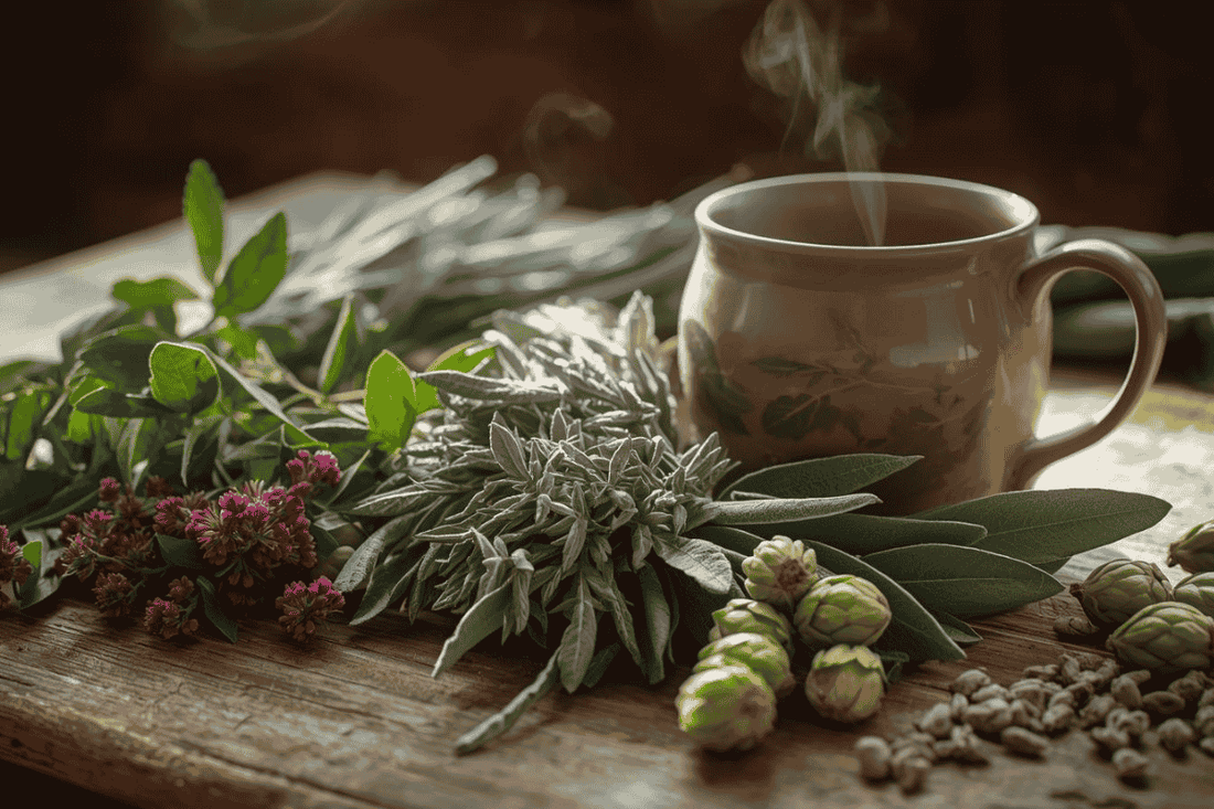 A soft still-life scene with dried herbs, a ceramic cup of tea and natural fabrics arranged in warm neutral light.