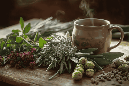 A soft still-life scene with dried herbs, a ceramic cup of tea and natural fabrics arranged in warm neutral light.