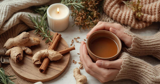 A hand holds a mug of tea, ginger, cinnamon, turmeric and rosemary are scattered about. 