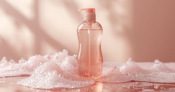 Pink bottle of intimate wash surrounded by bubbles and lather.