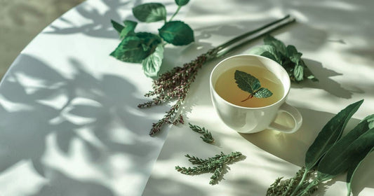 A fresh, uplifting photo featuring herbal leaves and a light cup of tea in soft, bright natural light.